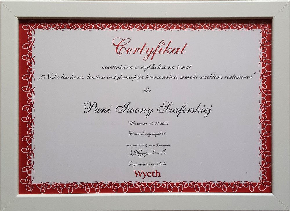 Dr Iwona Szaferska certyfikat